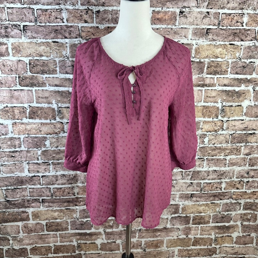 Matilda Jane Women's Purple Swiss Dot Tie Neck Long Sleeve Blouse Top Size S